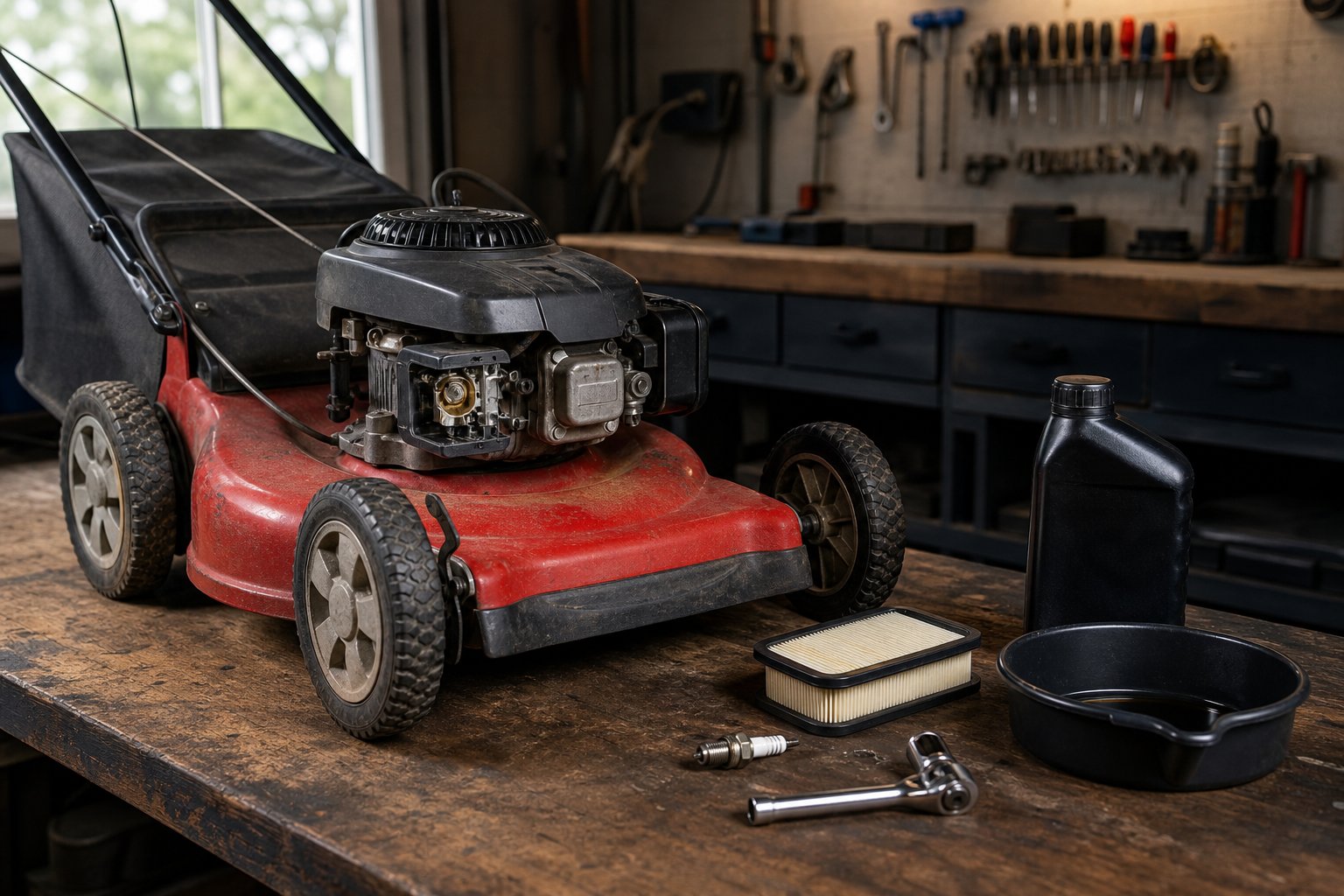 Push mower with an air filter, spark plug, oil pan, and hand tools prepared for seasonal service
